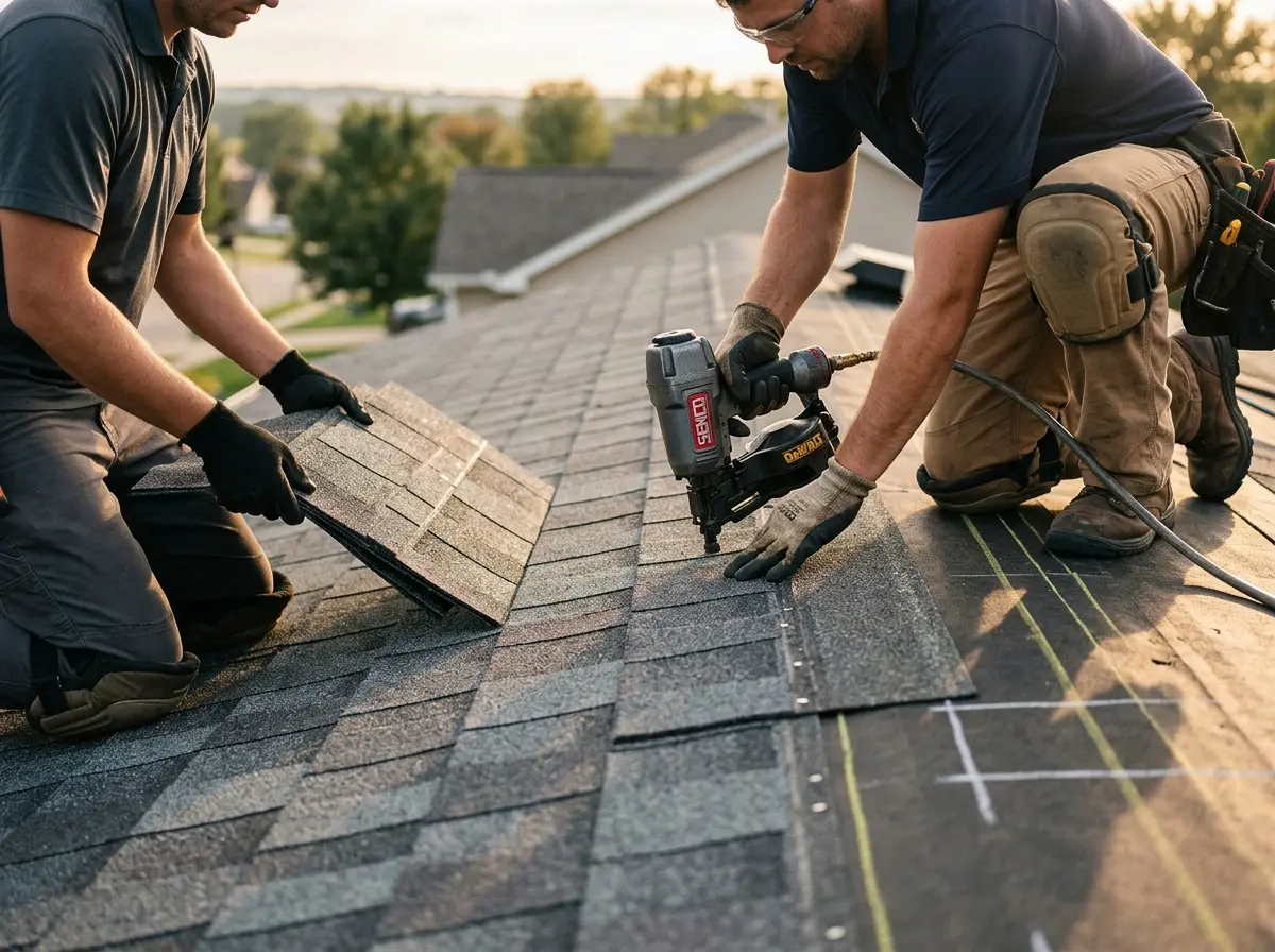 Professional roofer working on a residential roof in Tremonton